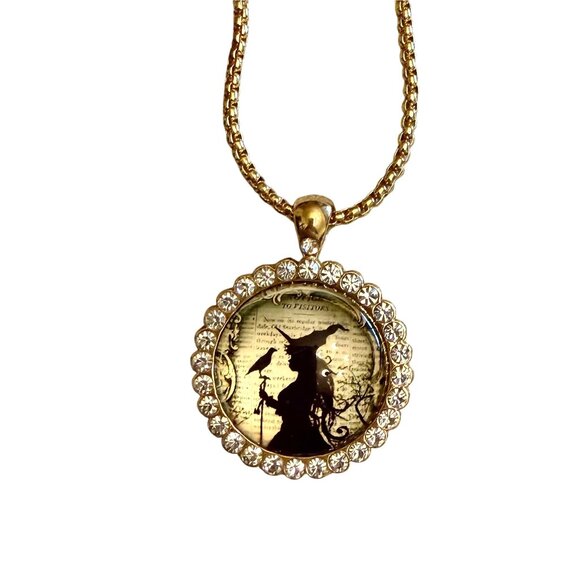 Wicked Witch Necklace 22in Gold Plated Silhouette Pendant Rhinestone Halo - Picture 8 of 11